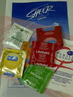 examples of sex safety supplies such as external and internal condoms, lube and an oral dam.