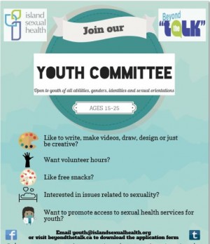 Poster advertising youth committtee members for Island Sexual Health btwn the ages of 15-25?