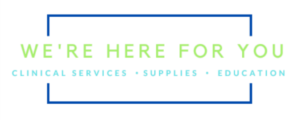 blue box with the caption were here for you and underneath it says clinical services, supplies and education