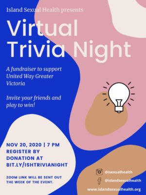 Blue rectangle portrait view poster with pink and white rounded geometric shapes and a lightbulb illustration in the centre. The Text from top to bottom reads "Island Sexual Health presents Virtual Trivia Night. A fundraiser to suppor United Way Greater Victoria. Invite your friends and plan to win. Nov 20, 2020  7pm. Register by donation at  bit.ly/ishtrivianight